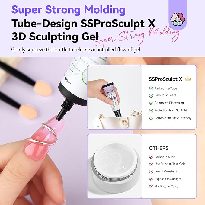 SAVILAND Clear 3D Nail Gel Kit: 15g No Wipe 3D Sculpting Gel with Metallic Gold Silver Chrome Powder for Nail Art Carving, Molding & Painting Home DIY Salon Manicure Supplies