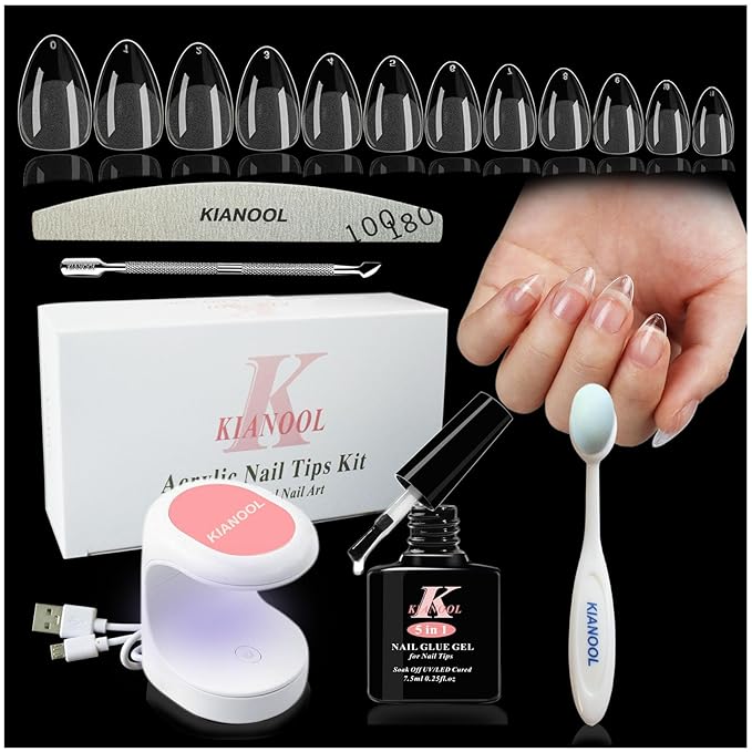Gel x Nail Kit Almond Shape, 552 Pcs Short Almond Nail Tips with U V Lamp, 5 in 1 UV Glue Press on Easy Extension set, Acrylic False Tips Kit DIY Manicure Art Gifts for Women