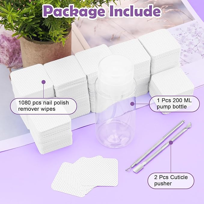 1080 + 3 Pcs Lint Free Nail Wipes Kit, Disposable Nail Polish Remover Pads Non-Woven Nails Eyelash Extensions Wipes, Nail Polish Remover Wipes with 200 ML Bottle, 2 Pcs Cuticle Pusher (White)