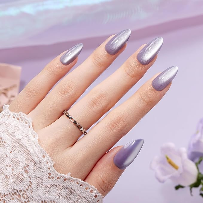 VSALON Press on Nails Medium Almond, Purple Holographic Cat Eye Glossy Jelly Chrome Fake Nails, Reusable False Nails with Nail Glue, Protector Cuticle Oil, Tabs & Nail File-32 PCS in 16 Sizes