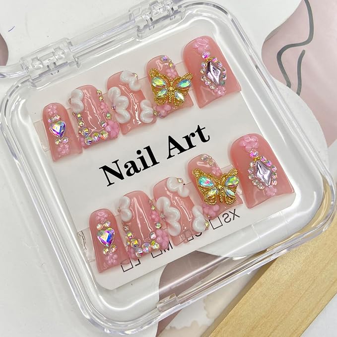 Handmade Press on Nails Butterfly Press on Nails Short Duck Shaped Fake Nails Rhinestones Acrylic Nails Full Cover Reusable Flower False Nails for Women Girls Nail Accessories (Size M)