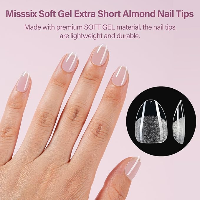 Misssix Extra Short Almond Gel Nail Tips Kit, 360Pcs Pre Etched Clear gel x Fake Nails, Full Cover False Nail 9-in-1 Gel Glue and Portable Mini U V Nail Lamp for Women 12 Sizes