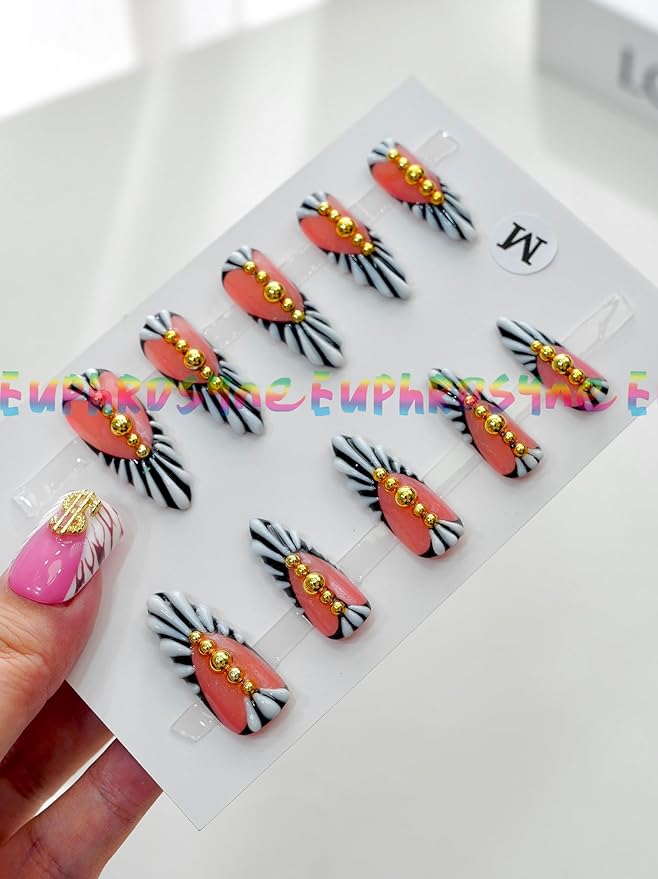 Euphrosyne Press On Nails – 10pcs Red Heart Y2K Fake Nails with Black & White Stripes and Gold Studs | Square Punk Nails for Women, Alt Girl Nail Art