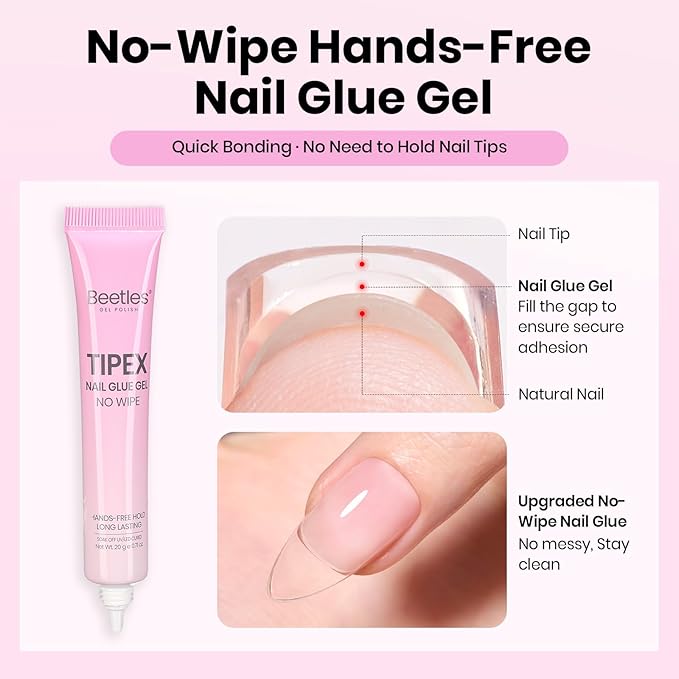 Beetles Tipex Lite Nail Tips Kit with Dehydrator & Primer, Medium Almond Full Cover Clear Nails 256PCS 16 Sizes, Mini UV Lamp, 20g Solid Nail Glue, Base & Top Coat, All-in-One Nail Starter Kit