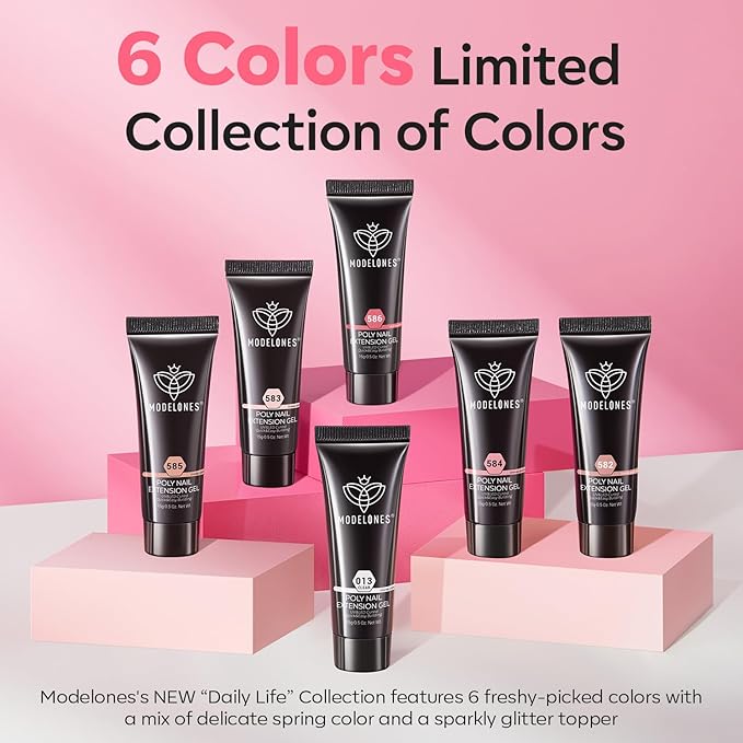 modelones Poly Nail Gel Set, 6 Colors Jelly Nude Pink Poly Extension Gel Transparent Nail Enhancement Set Sheer Builder DIY Manicure Design Spring Summer Home Salon
