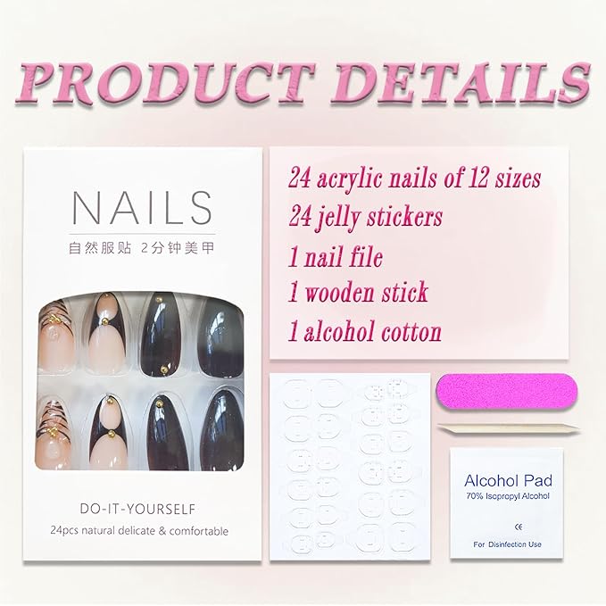 Press on Nails Medium Almond MABKJLF 3D Flower Nail Tip Fake Nails Nude French False Nails with Glitter Floral Designs Glossy Glue on Nails Full Cover Stick on Nails for Women Girls 24Pcs