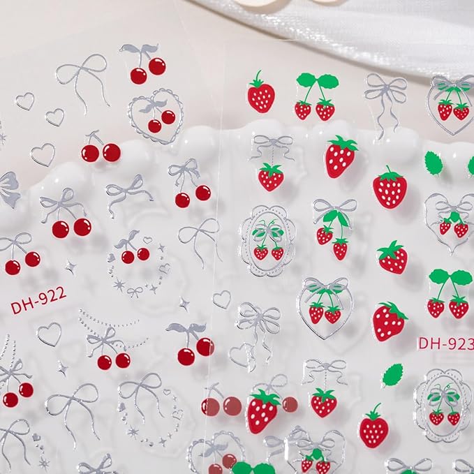 4 Sheets Cherry Strawberry Nail Stickers 5D Embossed Nail Art Stickers Summer Nail Decals with Cute Fruit Bow Designs Sweet DIY Self-Adhesive Nails Art Supplies for Women Girls