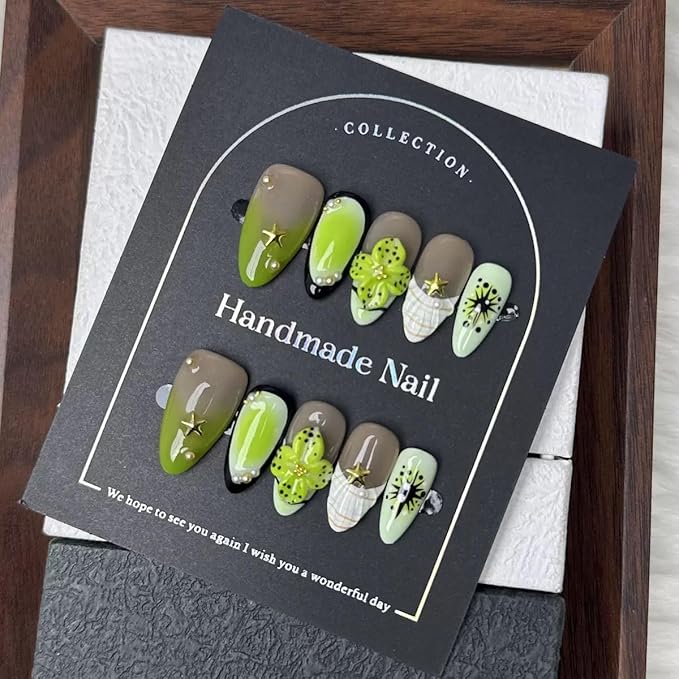 Ombre Green Press on Nails Handmade Medium Almond Fake Nails 5D Embossed Flower False Nails Press ons Ocean Summer Glue on Nails Full Cover Reusable Handmade Nail for Women Size M