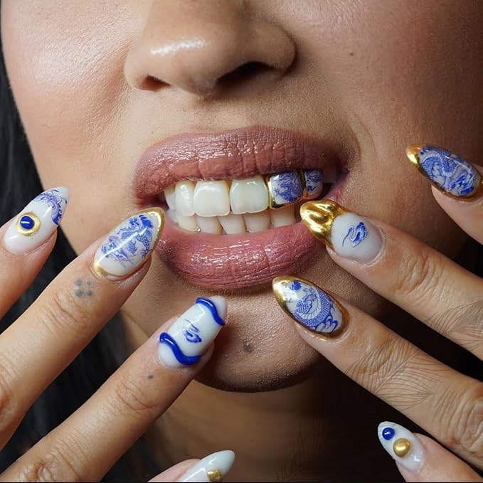 ARYANA NEW YORK Press On Nails - Handmade, Reusable, Luxury Almond Shape, Blue Dragon Chinese Pottery Collection - (Small)