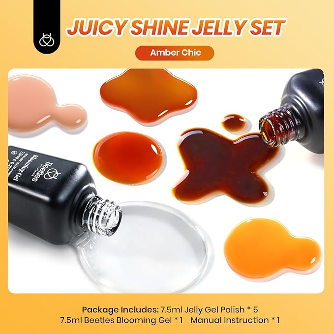 Beetles Gel Nail Polish Set – Amber Chic Jelly Gel Polish with Blooming Gel for Marble Effects, 6 Colors Yellow Red Brown Gray Translucent Soak Off UV LED Autumn Nail Art