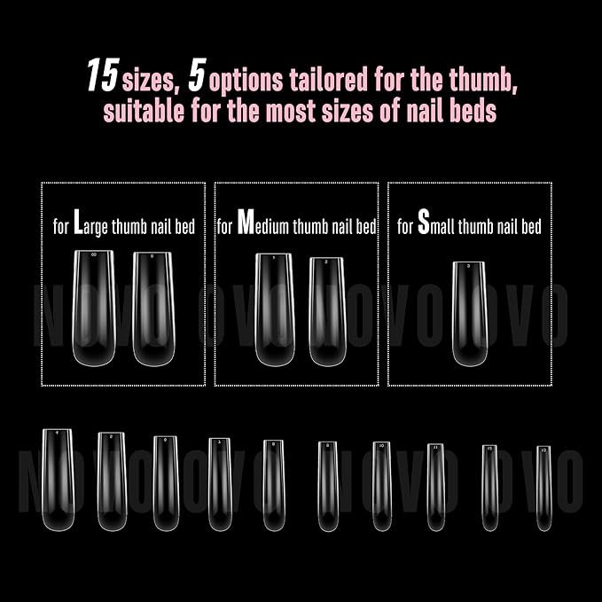 NOVO OVO Long Square Nail Tips SCULPTED (Not NATURAL) for Curved Nail Beds, Extra Thick L Length False Nails Press on, Full Cover Soft Gel Fake Nail Extension, Salon DIY x 15 Sizes 450 pcs
