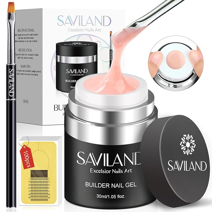 SAVILAND Builder Nail Gel Kit: 30ml Nudes Pink Hard Gel Nail Extension with Air Cushion Design, Base and Strengthener Builder with 100pcs Forms and Acrylic Brushes
