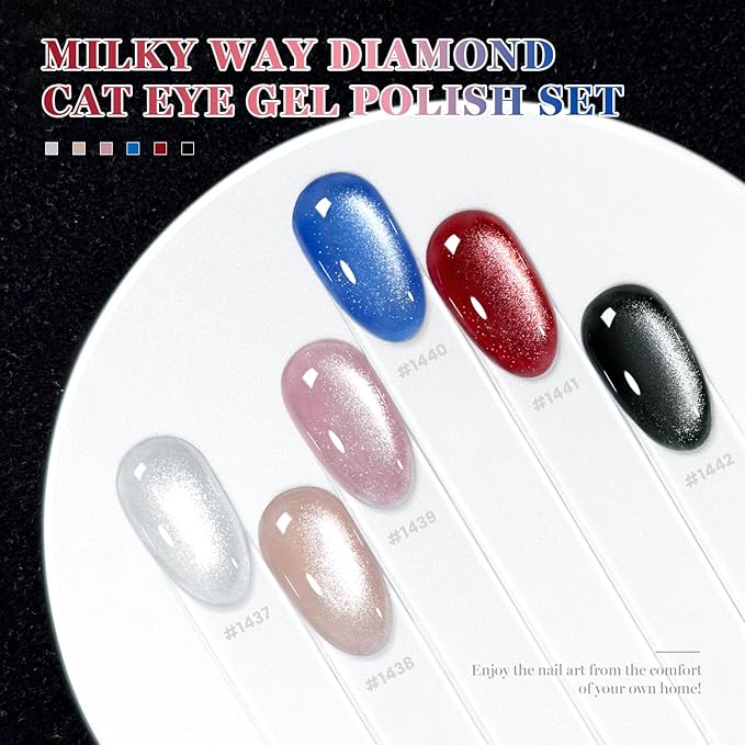 RARJSM Diamond Glitter Cat Eye Gel Polish Set 6 Pcs Sparkle Black Silver Red Blue Brown Nude Color Velvet Ice Jelly Glass Milky Way Cateye Gelpolish with Magnet Stick Curing Requires Home Manicure