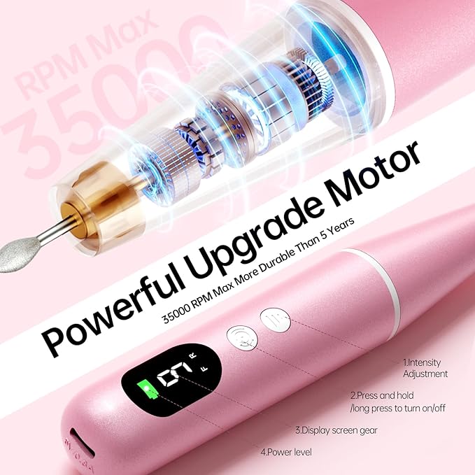Electric Nail Drill Kit, Electric Nail File Cordless Nail Drill Machine for Acrylic Gel Dip Powder Nails, Professional Portable Manicure Pedicure Rechargeable Lightweight for Home Salon Use