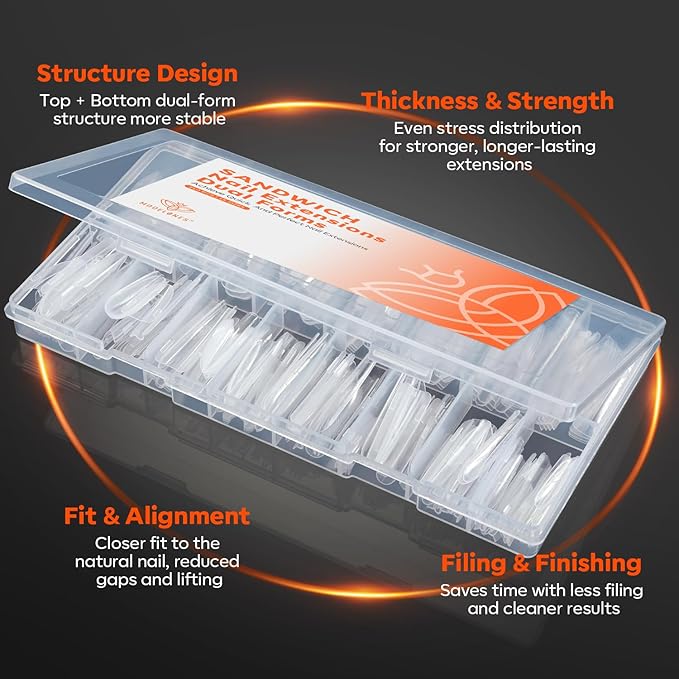 Modelones Poly Nail Gel Sandwich Nail Form Dual System, 240 Pcs Reusable Top & Bottom Oval Coffin Nail Forms with Guide Lines Side Locking Clips Stable Apex Control Builder Gel Structure Extensions
