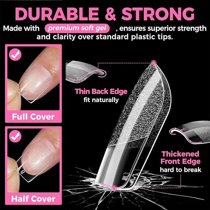 UNA GELLA 312Pcs Extra Short Squoval Nail Tips, Square Pre-Etched Half Matte Soft Gel Nail Tips Square Full Cover, No File Needed Clear Squoval Acrylic False Nails for DIY Nail Art Extension 12 Sizes