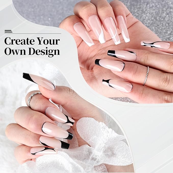 JODSONE 2Pcs Swirl Nail Art Liner Gel Polish,10ml Classic Color 3D Nail Art Pens Effect Nail Print Design with Thin Brush for French Tips Manicure Painting DIY at Home,Black & White