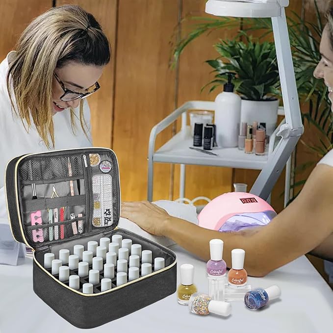 Nail Polish Carrying Case, Double-Layer Nail Polish Storage Bag- Fits Nail Dryer Lamp and 30 Bottles(15ml/0.5 fl.oz), Nail Polish Organizer bag with Adjustable Dividers for Manicure Set (Black)