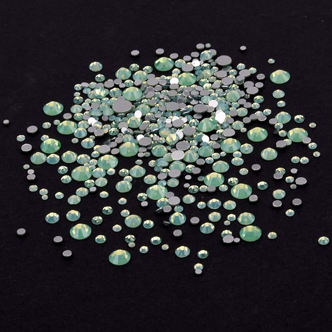 60pcs Mix Shapes Glass Rhinestones Flatback Green Opal Nail Gems 480pcs Round Beads 3D Decoration Crystals for Designs Acrylic Nails Crafts Bulk Pack