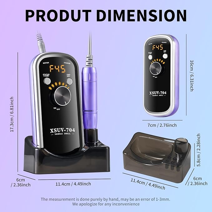 Professional Electric Nail Drill Kit 45000RPM with Bits and Base Purple Portable Rechargeable Cordless Nail E- File Machine for Acrylic Gel Powder Nails and Manicure Pedicure Toenail Tool Set