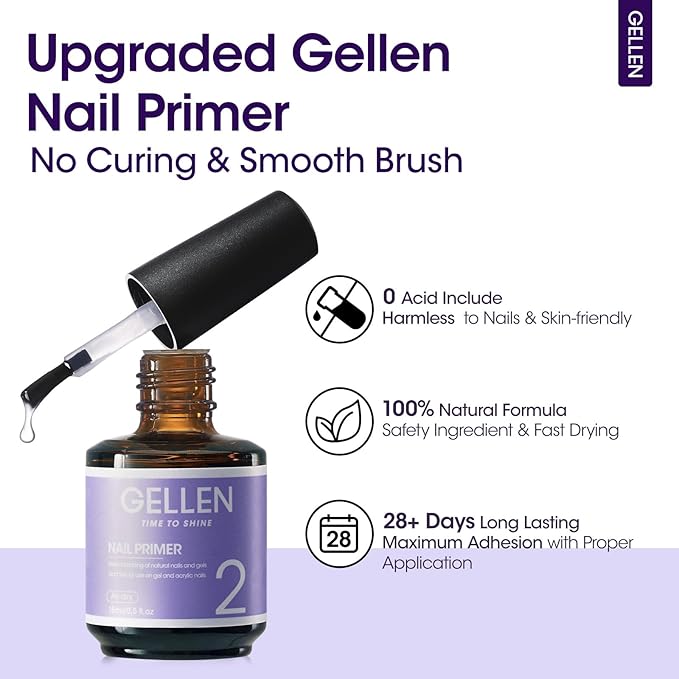 GELLEN Nail Primer No Lift 15ml Acid-free Gel Primer Fast Air Dry Superior Protein Nail Prep Bond Foundation for UV Gel Nail Polish, Press-on Nails and Acrylic Powder Nail Supplies Salon DIY at Home