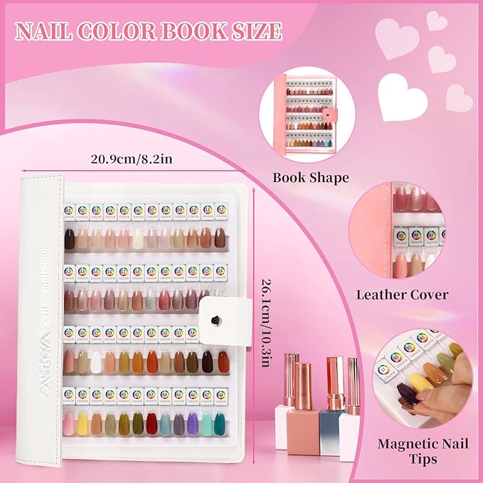 ANGNYA Magnetic Nail Swatch Book，192 Nail Color Book Leather Nail Sample Display Book with 192 Magnetic Tips & 1-240 Number Labels，Perfect for Professional Salon Nail Art Color Chart & Practice Stand