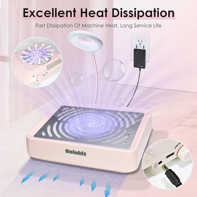 Nail Dust Collector with Lamp&50pcs Disposable Filter&Dusting Brush, Electric Nail Vacuum Cleaner Dust Fan Suction Machine for Manicure Acrylic Gel Nails Polishing, Low Noise,Salon Home (Pink)
