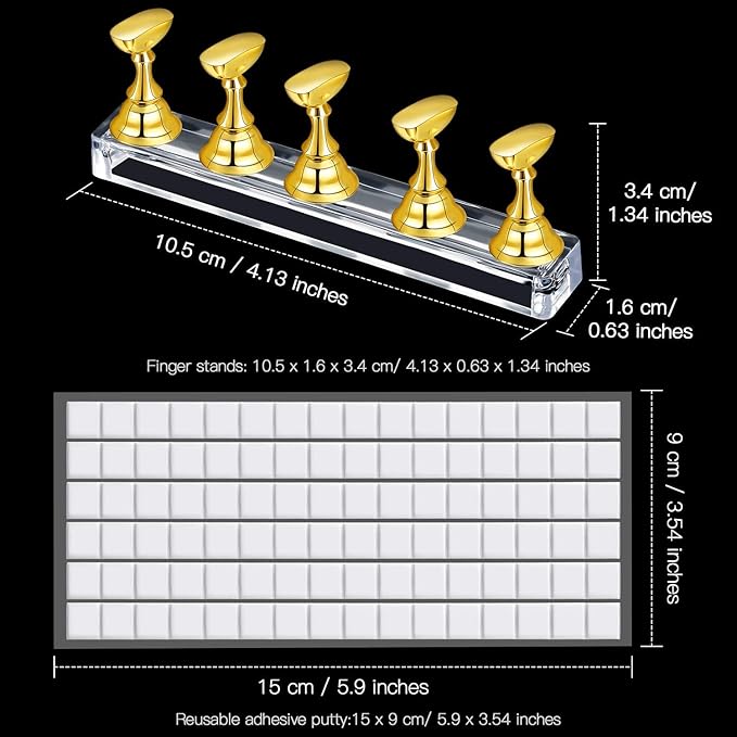 Blulu 2 Set Nail Stand for Painting Press Nail Holder Acrylic Magnetic Tips Training Fingernail Display Stands DIY Crystal Holders and 96 Pieces White Reusable Adhesive Putty(Gold)
