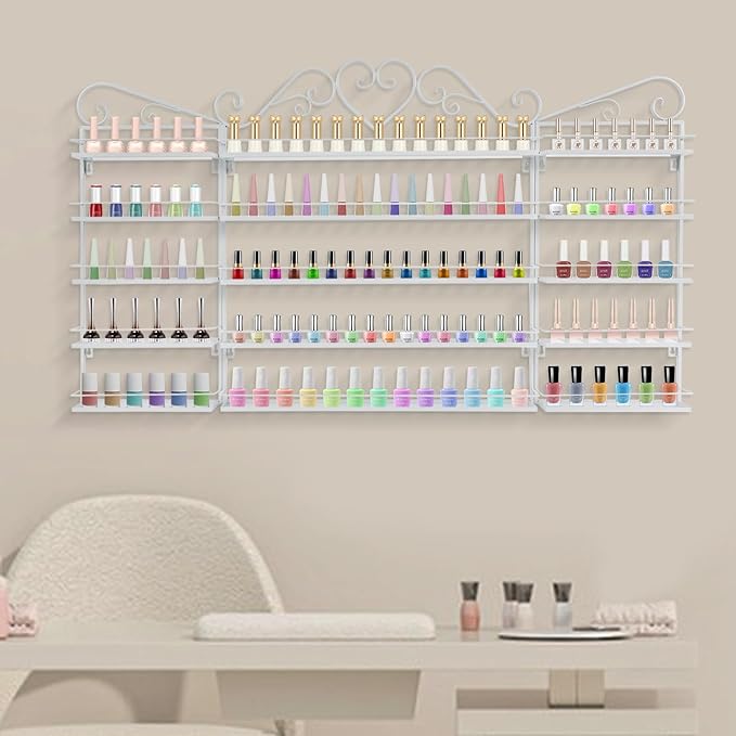 Nail Polish Rack Wall Mount, 5 Tiers Nail Polish Bottle Holder, 200 Bottles Organizer Shelf, Storage Display Holder for Home Salon Business Spa (White)