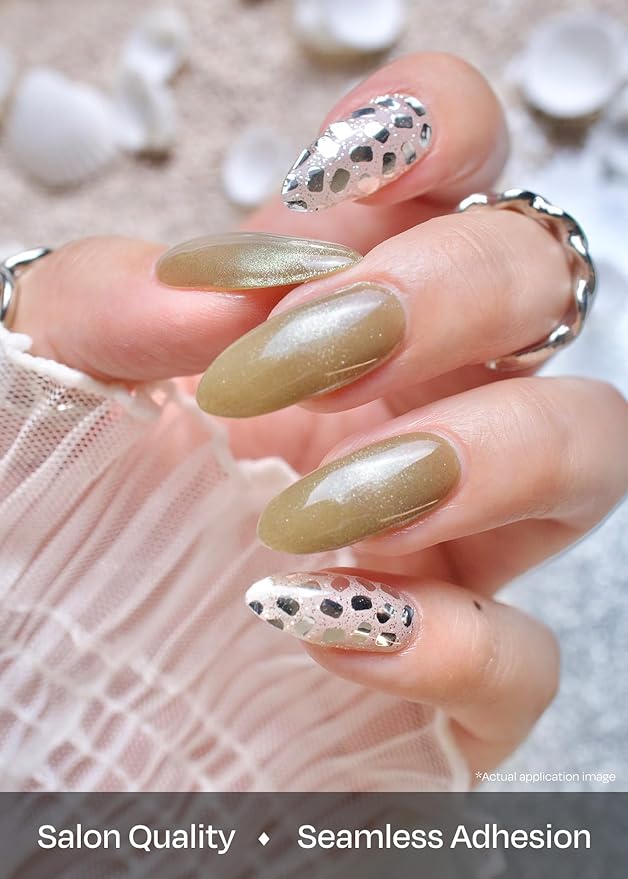 ohora Semi Cured Gel Nail Strips (N Olive Glow) - Works with Any Lamps, Salon-Quality, Long Lasting, Easy to Apply & Remove - Includes 2 Prep Pads, Nail File & Wooden Stick