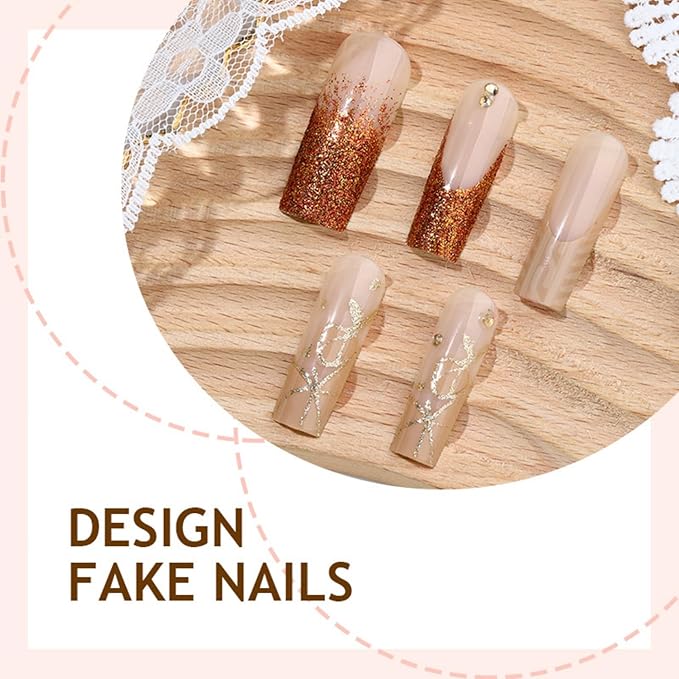 Long Square Press on Nails Fake Nails Artificial Nail Stick on Nail for Women Elegant Nude & Brown Base with Gold Marble Veins, Glitter Accents and Chic Matching Nail Art