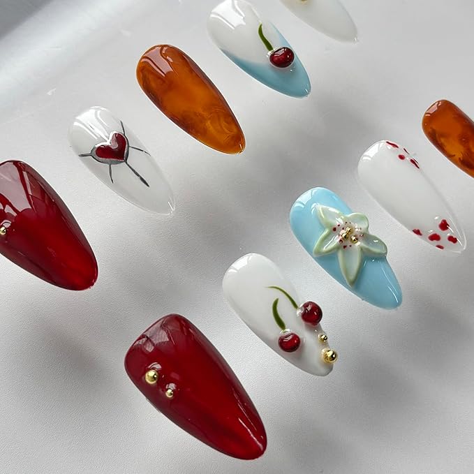Luxury Press on Nails Medium Almond Handmade 3D Unique Reusable ABS Material Fake Nails French Tip False Nails with Designs Cherry Flower Glossy Heart Glue on Nail Thick Acrylic Nail(M)