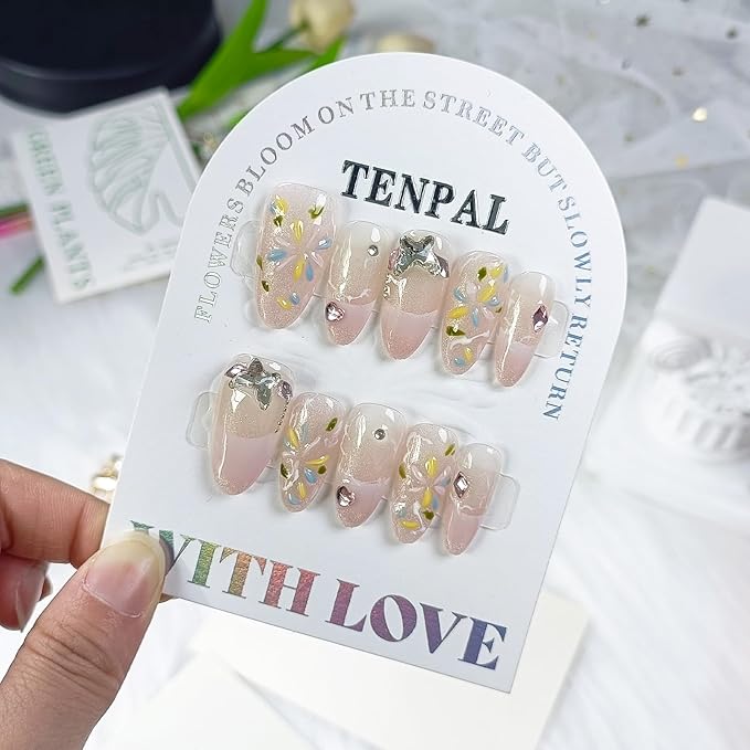 French Pink Nails Handmade Press on Nails Short Almond Acrylic Nails Press Ons with Fireworks Flower Butterfly Chain Designs Reusable Cat Eye Artificial Fake Nails Full Cover Glossy(L)