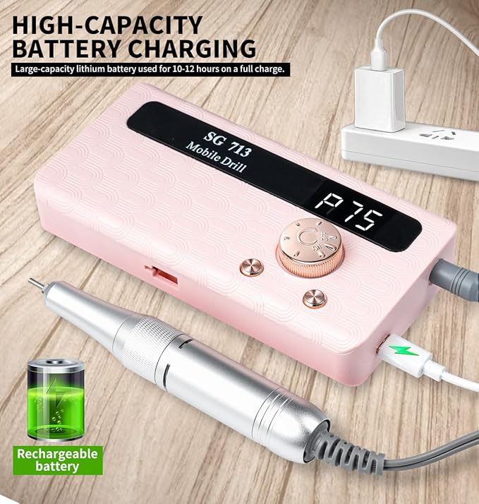 Electric Nail File Professional Kit - Professional 45000RPM Portable Nails Drills Kit with 11 Bits & Base LED Screen Cordless E Filer for Gel Acrylic Nails Remover Home Salon Manicure Pedicure Tools