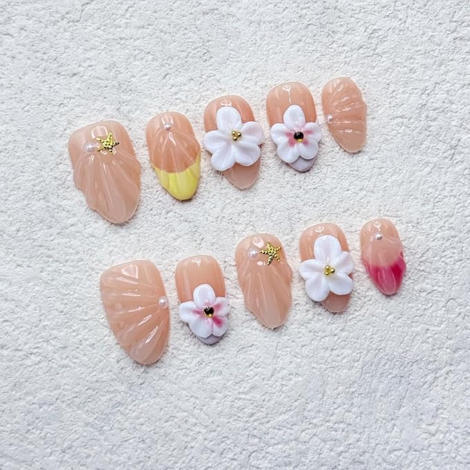 Short Almond Press on Nails Handmade Nails with Glue,Muti-Layer Gel French Tip Fake Nails with 5D Flower Design Nude Acrylic Nail Reusable Nature Handmade False Nails for Wome (Size S)