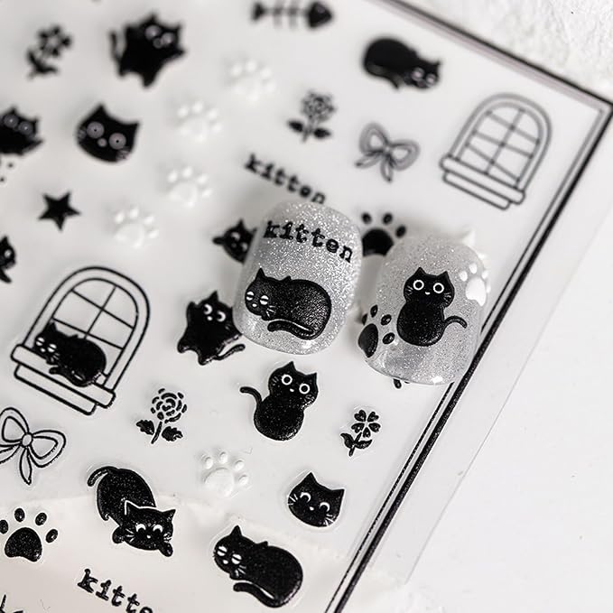 Dedyel 5D Embossed Cute Cat Nail Art Stickers Cartoon Kawaii Design Anime Self Adhesive Nail Stickers for Women Kids Girls Nails Art Decorations