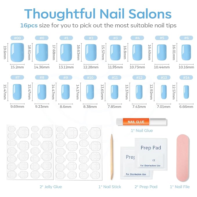 Modelones 32Pcs Baby Blue Press on Nails, Short Square Fake Nails, Reusable Nail Kit with Nail Glue Adhesive Tabs Mini Nail File, Nails Press Ons 16 Sizes, Women Girl Gift