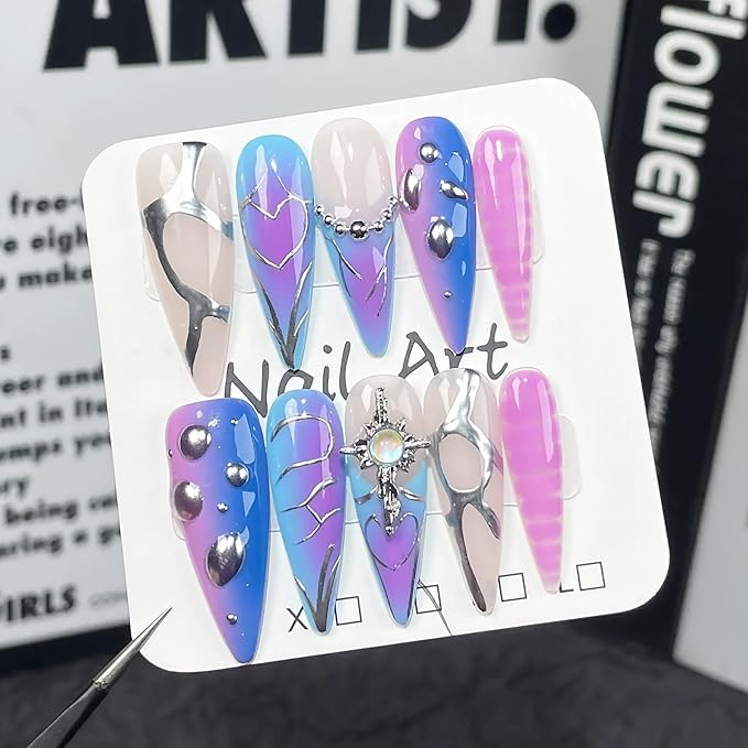 10Pcs Blue Handmade False Nails Long Almond Press on Nails Ombre Fake Nails with 3D Swirl and Charms Design Acrylic Nails Press Ons Luxury Reusable Stick on Nail for Women (Size M)