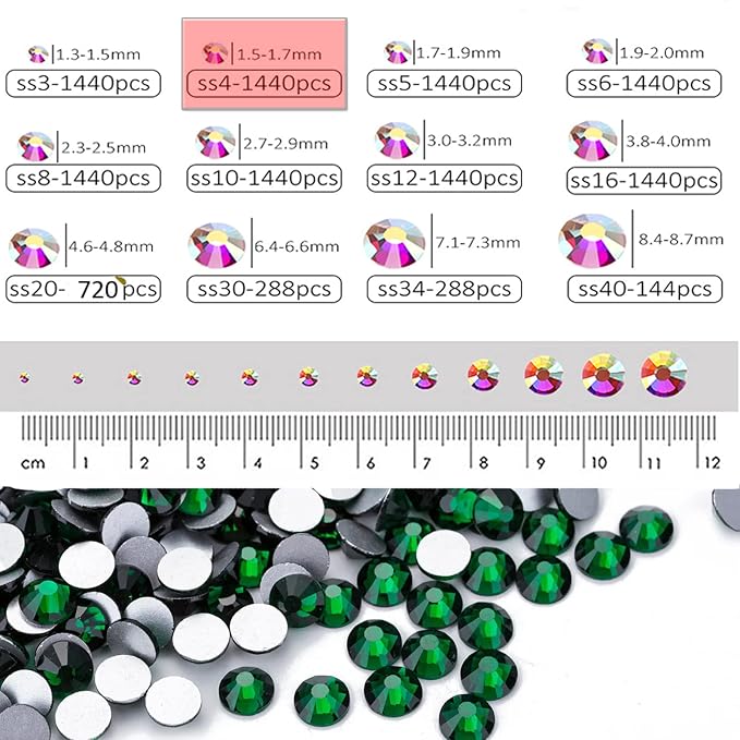 Dowarm 1440 Pieces SS4 Flatback Crystals, 1.5MM Mini Glass Rhinestones for Craft Nail Art Dance Costumes, Non Hotfix (Green/Emerald)