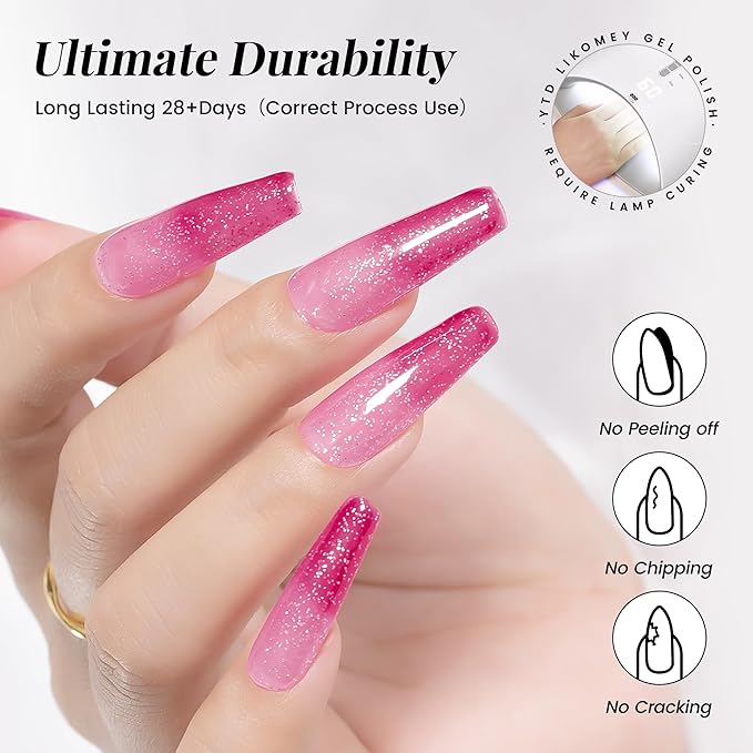 YTD Likomey Color Changing Gel Nail Polish,15ml Light Pink To Hot Pink Glitter Mood Temperature Change Colors Ombre Thermal Salon Home Fall Winter Manicure UV Nails Varnish,WB04