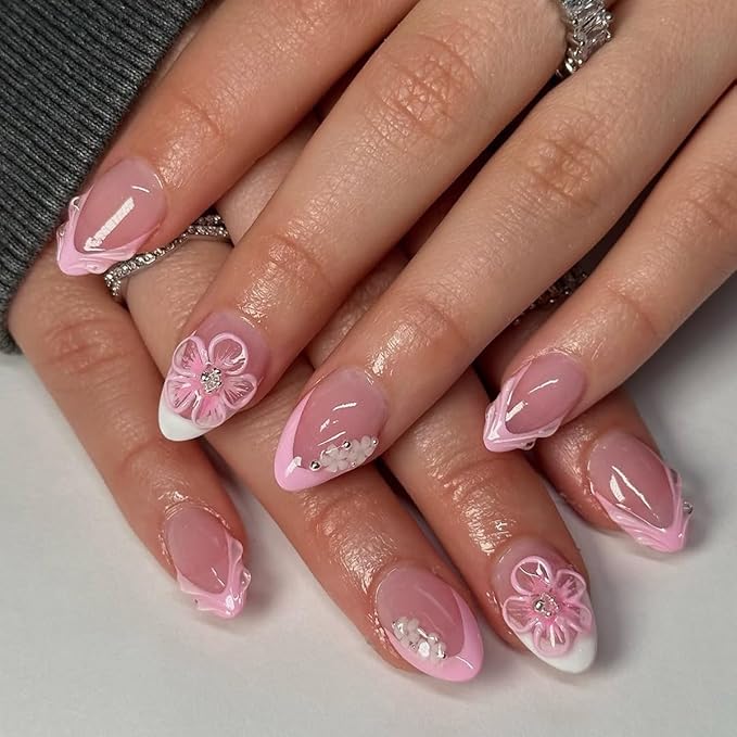 Short Press on Nails Almond - French Tip Fake Nails with 3D Flower Design - Pink Glossy Full Cover Stick on Nails for Women Manicure 24 Pcs