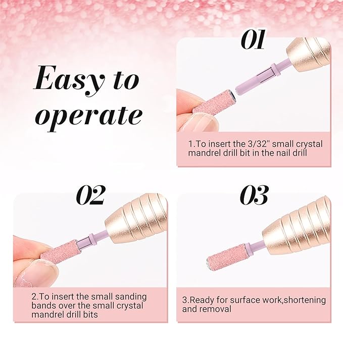 MelodySusie Small Crystal Top 3.1mm Mandrel Bit for Nails, 3/32'' Easy Off Nail Drill Bits for Sanding Bands, Suitable for Acrylic Nails Gel Manicures and Pedicures, Rose Pink