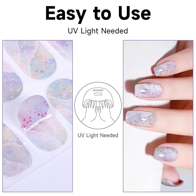 Semi Cured Gel Nail Strips, 28 pcs Nail Gel Stickers Work with Any UV Lights, Long-Lasting Nail Wraps, Stick on Nails for women Easy to Apply & Remove