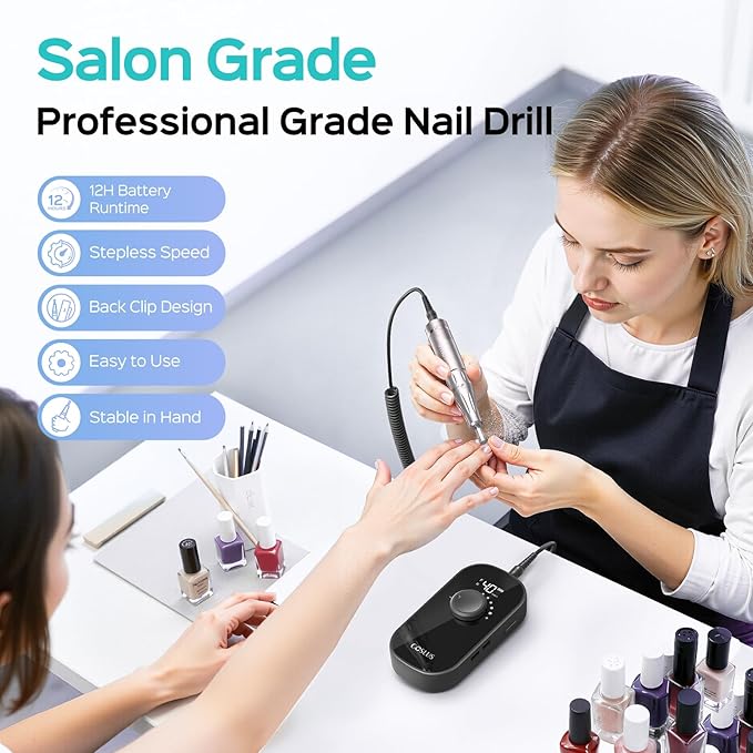 COSLUS Professional Rechargeable Electric Nail Drill 40000 RPM, Portable Nail File with Storage Stand for Acrylic Gel Polishing Removing - Easy to Use for Women, Manicure at Home DIY or Salon, Black