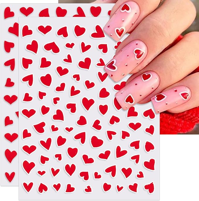 Valentine's Day Nail Art Stickers - Sexy White Border Heart Nail Decals, Self-Adhesive Black White Red Pink Love for DIY 3D Nail Supplies Decoration (6 Sheets)