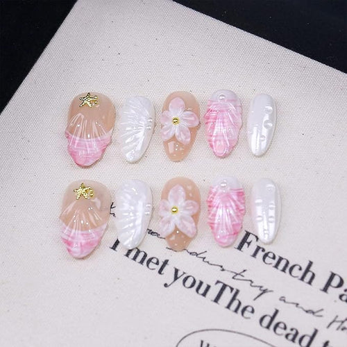 10 Pcs Short Almond Handmade Press on Nails with Glue,Luxury False Nails with 5D Flower Design Muti-Layer Gel False Nails Pink Reusable Acrylic Thick Nails Handmade Nail for Women(Size S)