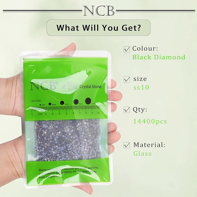 NCB 14400pcs Hotfix Crystal Rhinestones for Clothes Crafts, Hot Fix Bulk Flatback Crystals, Iron on Hotfix for DIY Decoration 100 Gross (Black Diamond, ss10/14400pcs)