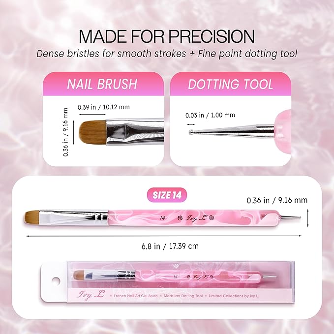 Ivy L Premium 2 Way French Gel Acrylic Nail Art Kolinsky Brush with Dotting Tool for Professional Manicure Cuticle Clean up Nail Art Design (Size # 14, Pink Marble)