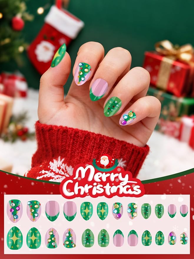 Christmas Press on Nails Kid, EBANKU 24Pcs Almond Fake Nails Kit Full Cover Green Christmas Tree Cute Design Acrylic Nails with Nail Glue for Girl