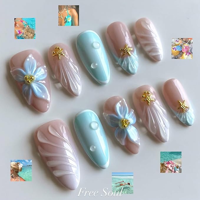 Luxury Press on Nails Short Almond Handmade 3D Unique Reusable ABS Material Fake Nails Summer French Tip False Nails with Designs Flower Shell Blue Glossy Glue on Nails Thick Acrylic Nails(S)